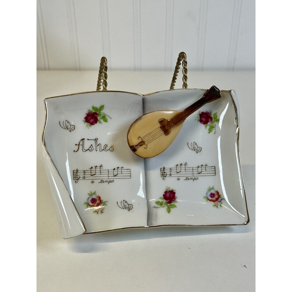 Vtg "Ashes" Naudot Gold Rim Ashtray W/ Music Notes. Applied‎ Mandolin Violin